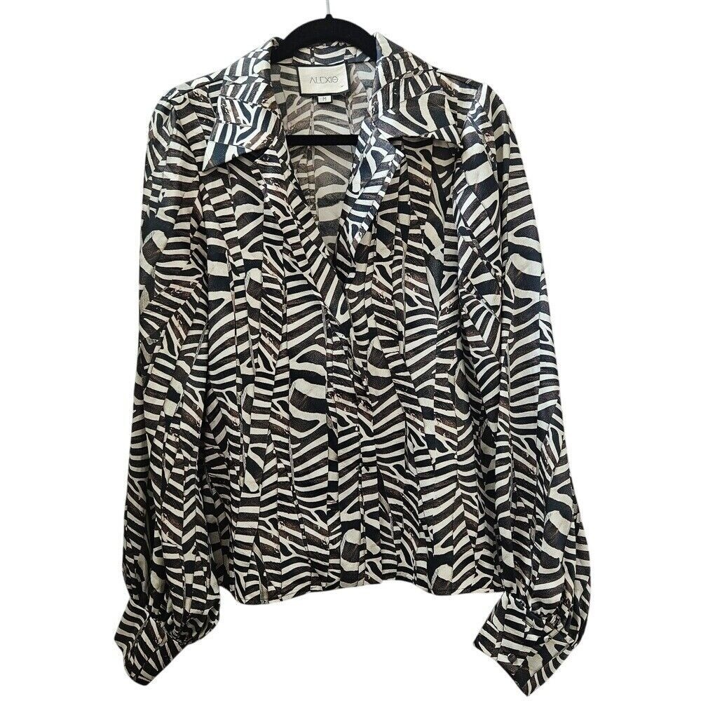 Alexis Top M Black White Abstract Savannah Zebra Print Blouse Button Up